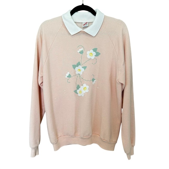 Jerzees Tops - VTG‎ Collared Embroidered Flower Floral Sweatshirt XL 46 Cottagecore Grannycore